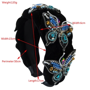 Velvet headband with handcrafted blue bead butterfly embroidery for party hair styling