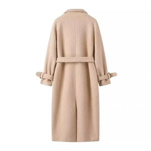 Women's long wool blend coat in beige with a stylish waist belt and textured finish
