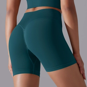 Donkergroene naadloze yoga short met hoge taille en scrunch butt lift voor dames