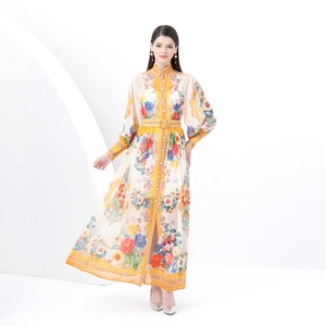 Floral print maxi dress with stand collar, lantern sleeves and waist belt for women