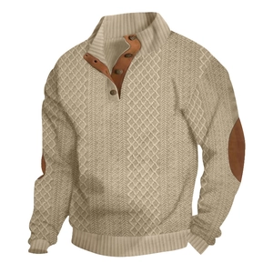 Beige men's stand collar cable knit sweater with button placket and leather elbow patches