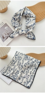 Detail of blue floral cotton linen square scarf showing knot style and full pattern