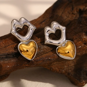 Two-tone 18K gold plated stainless steel earrings with hollow and solid heart-shaped charms