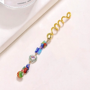 Golden spiral hair jewelry with blue cat eye stone and colorful pattern beads