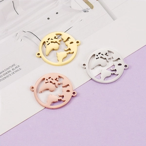 Three-color world map cutout pendants in gold, silver, and rose gold finishes