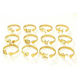 Set of 12 zodiac gold stainless steel open rings with heart detail on white background