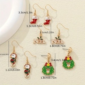 Ensemble de boucles d'oreilles de Noël avec chaussettes, rennes et cloches, avec dimensions