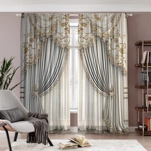 Luxurious beige and grey curtains with gold embroidery and valance for living room