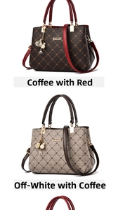 Detail view of large capacity handbags with KUOY logo, tassels and textured lattice pattern