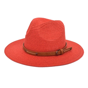 Breathable bright red straw panama hat with brown leather belt and metal buckle