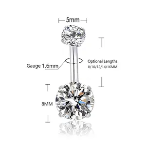 G23 titanium navel ring with double prong-set clear cubic zirconia and curved barbell