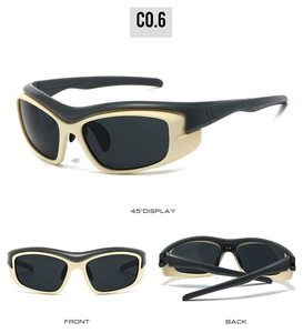 Detail view of sport sunglasses in black and cream white with wraparound frame design