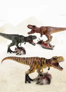 Detailed T-Rex dinosaur models in three colors treading on Triceratops prey figures