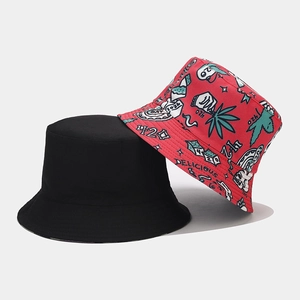 Detail of reversible bucket hat set featuring street graffiti print and solid black cotton