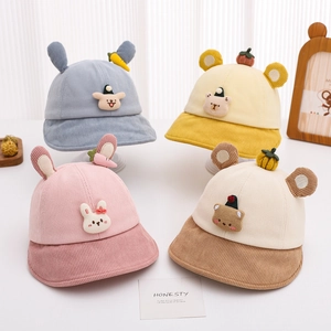 Kids Corduroy Bucket Hat Cartoon Animal Ears Adjustable Windproof Outdoor Sun Cap Toddler Cute Soft