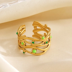 Anello Aperto Acciaio Inossidabile Placcato Oro 18K Onda Cavo Vite Smalto Verde Gioielli Per Donna