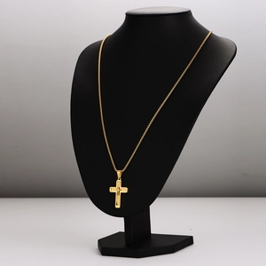 Minimalist double-layered gold cross pendant necklace on a premium black model neck display