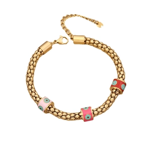 Bracciale a sfere dorate con ciondoli occhio in smalto rosa e rosso e chiusura