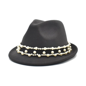 Classic black wool fedora hat featuring elegant layered faux pearl decorative bands