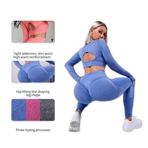 Seamless high-waisted yoga set with long sleeve crop top and peach lift leggings