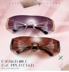 Detail of rimless Y2K sport glasses with purple gradient lenses and rhinestone accents