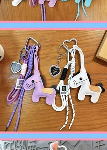Cute leather horse keychain bag charm with braided rope and heart photo frame pendant for women