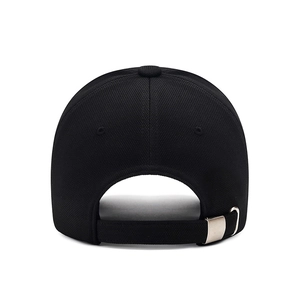 Rear view of black M-letter baseball cap with breathable texture and silver metal buckle