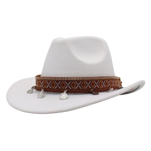Ivory white felt cowboy hat with bohemian ethnic braided band and silver coin pendants