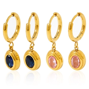 Elegant gold hoop earrings with dark blue and pink oval gemstone pendants on white background