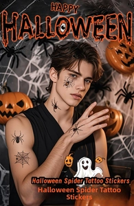 Realistic 3D spider and cobweb temporary tattoos applied on model face for Halloween