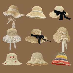 Handmade Paper Straw Sun Hat For Women Sweet Japanese Style Breathable Wide Brim Beach Vacation Bowknot Lace Straw Hat