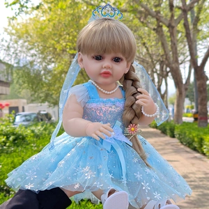 Lifelike 55cm reborn doll in blue snowflake princess dress with crown and blonde braids