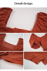 Detail view of rust red jumpsuit featuring square neck, elastic cuffs and side pockets