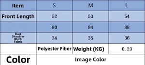 Size chart for the fringe knit vest showing measurements for S, M, and L sizes