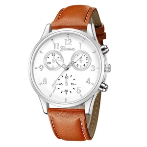 Classic silver Geneva men's business watch with white dial and brown leather strap