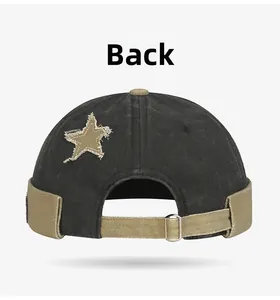 Detail view of the back of a washed cotton docker hat with star patch and adjustable strap