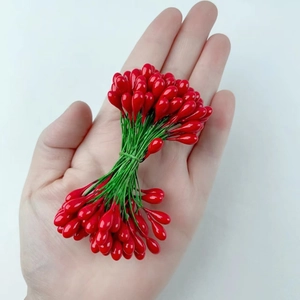 Étamine de Baies Rouges de Noël Artificielles Perles de Plâtre à Double Tête Avec Tige en Fil de Fer pour Accessoires de Fleurs Faits à la Main Bricolage
