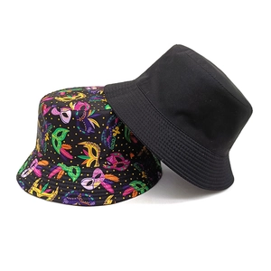 Two-piece set bucket hats including solid black and carnival mask feather print design