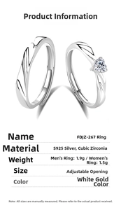 Detailed size specifications for adjustable S925 sterling silver couple heart rings