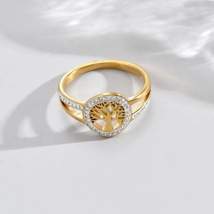 Detailed close-up of golden Tree of Life ring featuring sparkling zircon inlay accents