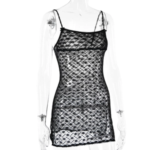 Close-up of black floral lace sheer mesh fabric on a sexy sleeveless bodycon mini dress