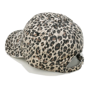 Detailed back view of vintage leopard print baseball cap with adjustable metal buckle strap