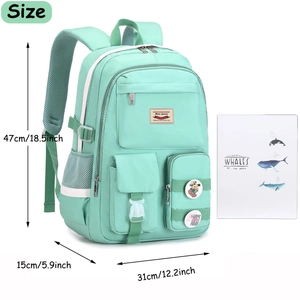 Size diagram for mint green school backpack showing dimensions 47x31x15cm in detail