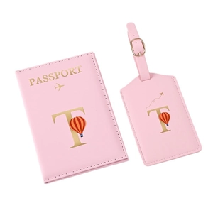 Pink PU leather passport cover and luggage tag set with hot air balloon and letter T