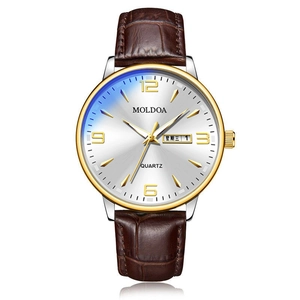 Men Quartz Watch Business Waterproof Luminous Analog Wristwatch Day Date Calendar Stainless Steel Leather Strap