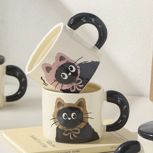 Cute ceramic cat mugs with lids and creative lightning handles for coffee and gifts