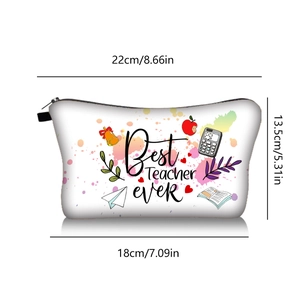 White Best Teacher Ever toiletry bag with hand-drawn graphics and black zipper