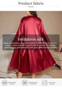 Detail showing the burgundy silk satin fabric texture and drape of the long bathrobe