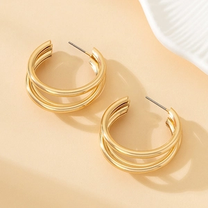 Vintage geometric double-layered golden C-shaped hoop earrings for women with high-shine finish