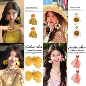 Flower Heart Dangle Earrings With 925 Sterling Silver Earring Post Mesh Petal Artificial Pearl Tassel Summer Resort Style For Women